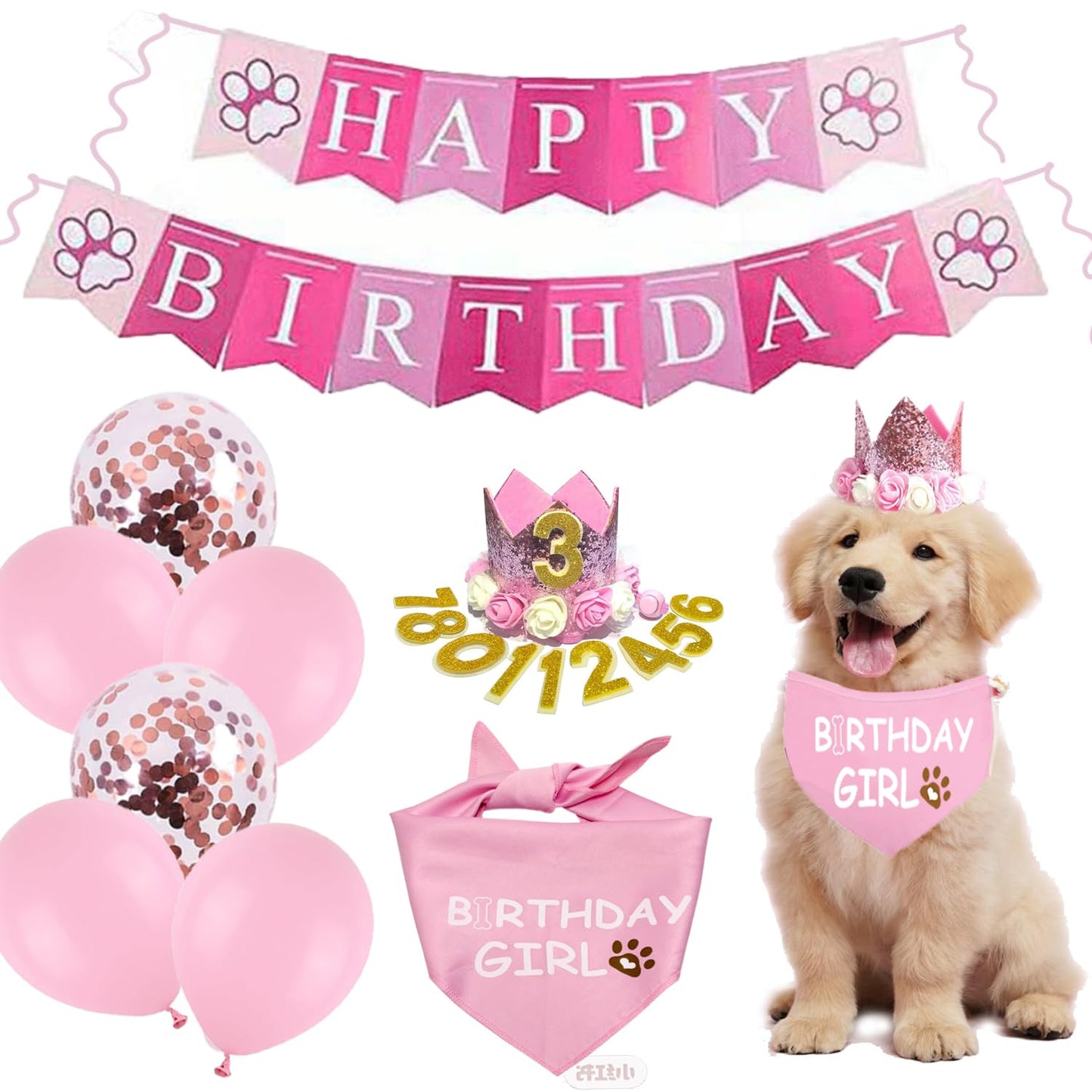 Dog Birthday Party Kit | Hat, Bandana, Banner, Balloons & Crown