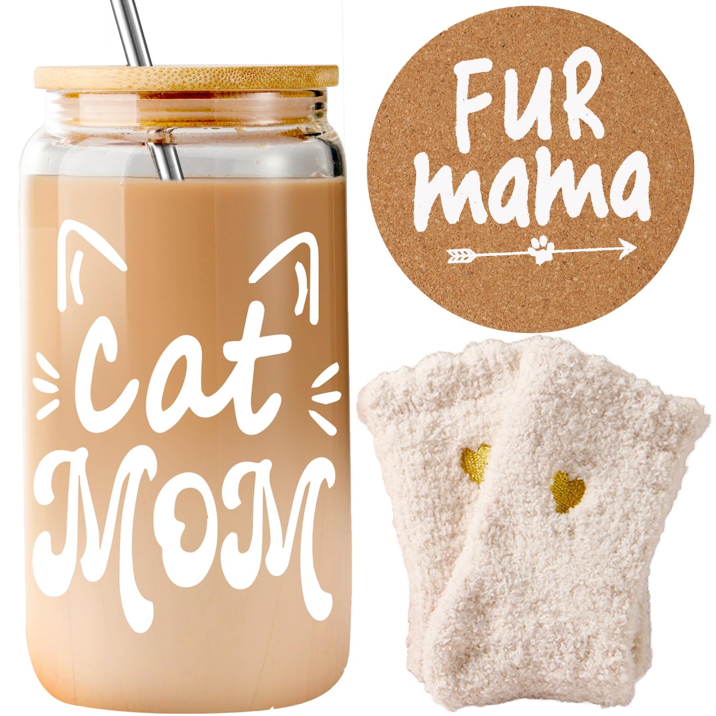 Cat Mom Gift for Women | 16oz Glass Iced Coffee Tumbler with Bamboo Lid & Straw