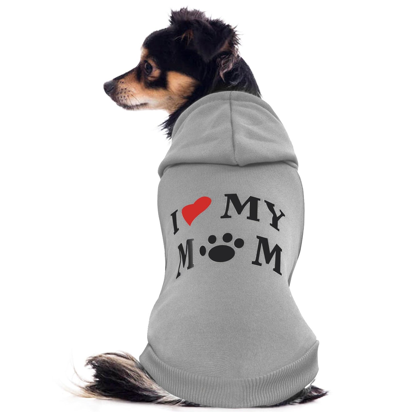 Love Mom Dog Hoodie | Fleece Small Dog Sweatshirt | Grey | Small Dogs & Chihuahuas