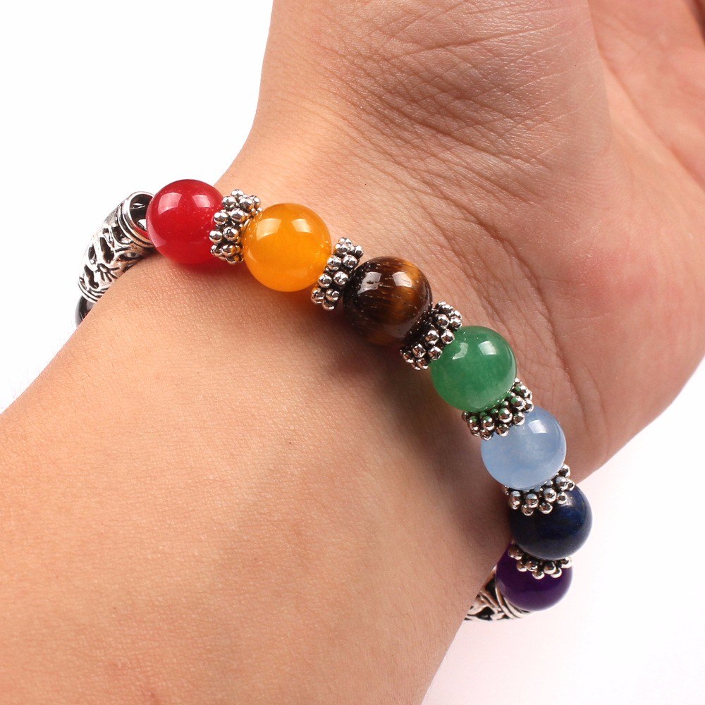 10mm Rainbow Chakra Natural Agate Heart Bracelet