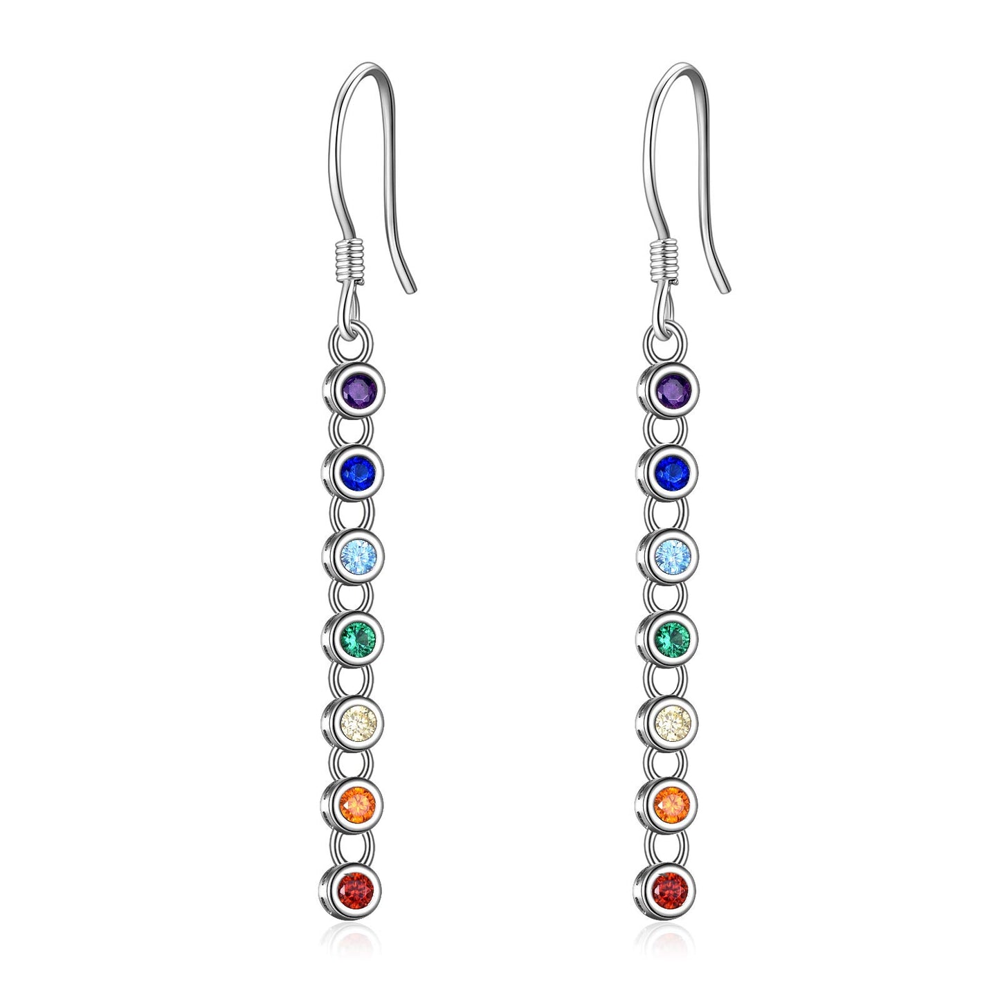 Sterling Silver Seven Chakra Dangle Earrings | 925 Silver Chakra Drop Earrings