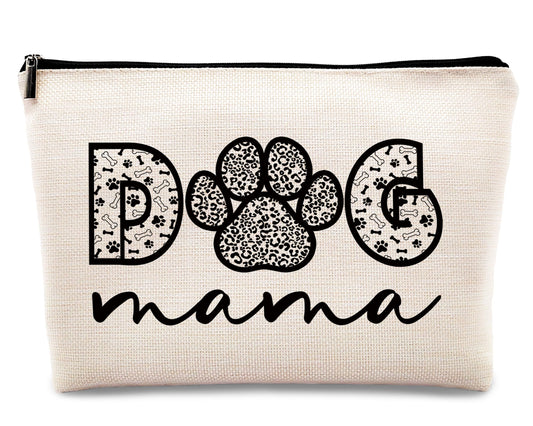 Dog Mama Makeup Bag | Paw Print Linen Cosmetic & Travel Pouch