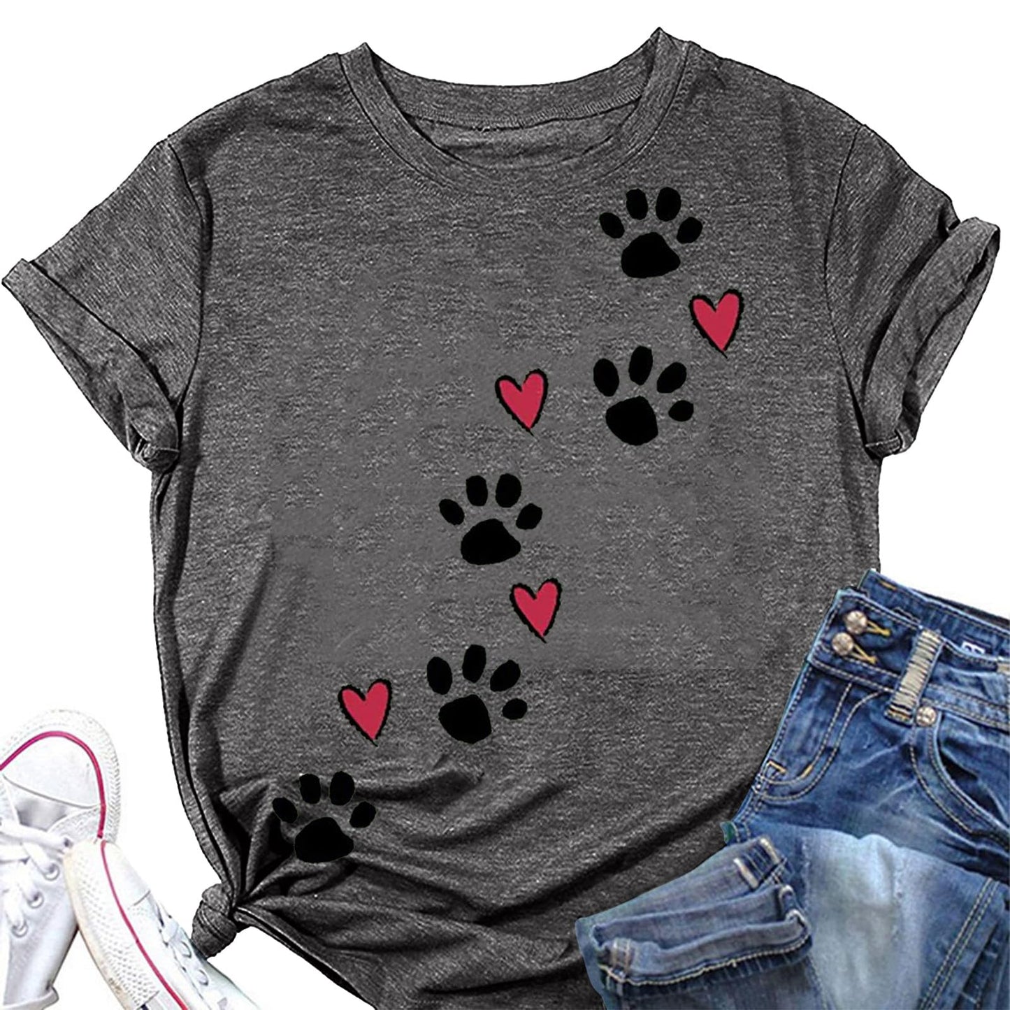 Dog Mom Paw & Heart Graphic Tee | Short Sleeve Dog Lover T-Shirt | Grey