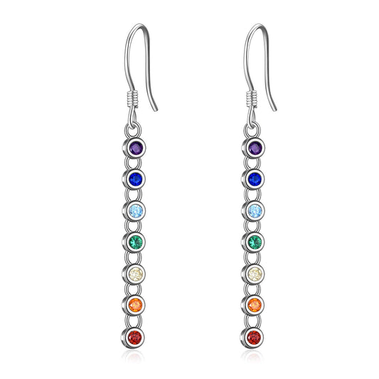 Sterling Silver Seven Chakra Dangle Earrings | 925 Silver Chakra Drop Earrings