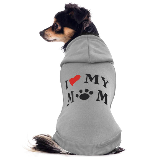 Love Mom Dog Hoodie | Fleece Small Dog Sweatshirt | Grey | Small Dogs & Chihuahuas