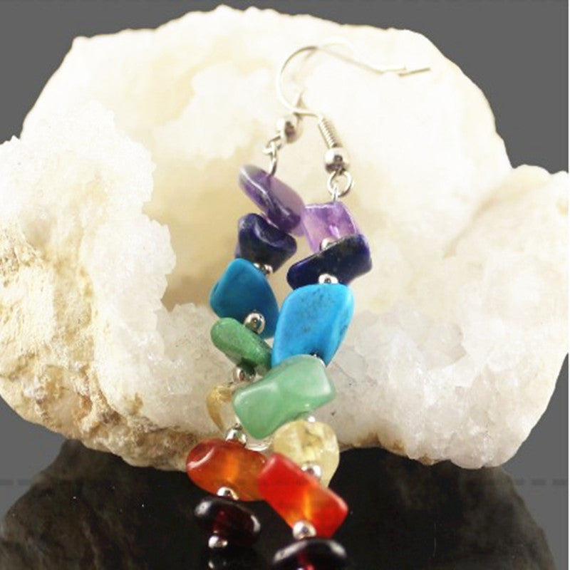 Seven Chakra Natural Stone Long Dangle Earrings | Chakra Color Flow Pendant