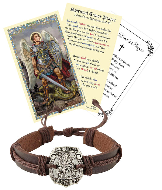 Saint Michael Bracelet Gift Set | Faux Leather Bracelet, Medal & Catholic Prayer Cards