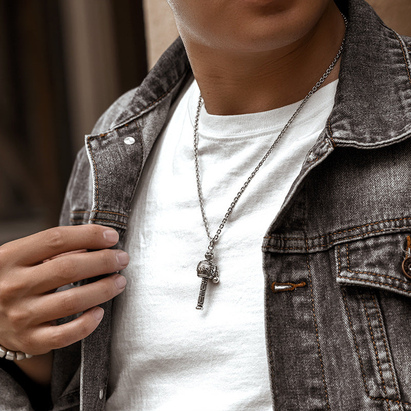 Tibetan Prayer Wheel Pendant Necklace | Silver-Tone & Wooden Beads