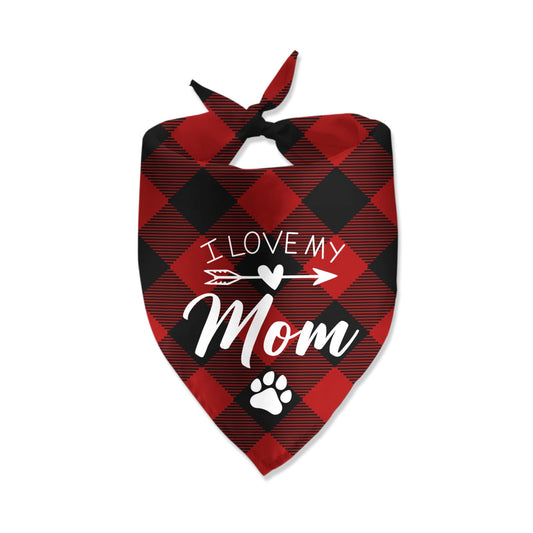 "I Love My Mom" Dog Bandana | Red & Black Plaid Cotton Scarf for Dogs