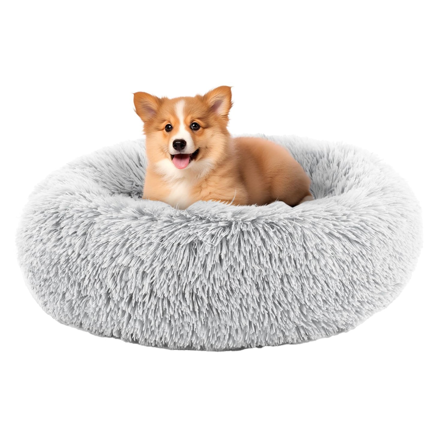 Calming Donut Dog & Cat Bed | Anti-Anxiety Faux Fur Round Pet Bed | Grey | 20"