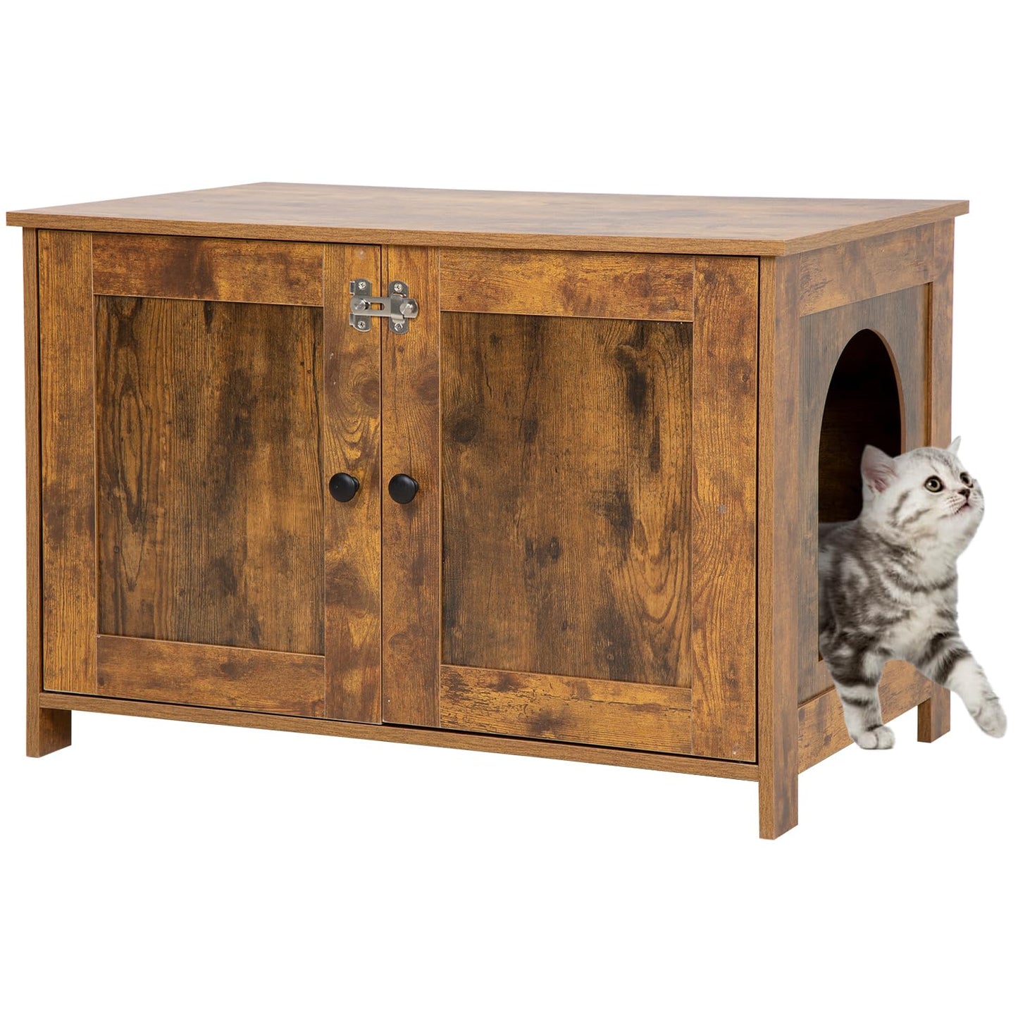 Hidden Litter Box Enclosure Furniture | Wooden Cat Washroom Cabinet with Removable Divider