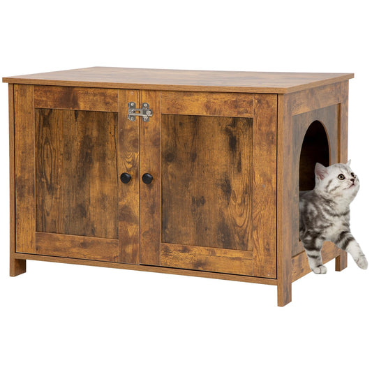 Hidden Litter Box Enclosure Furniture | Wooden Cat Washroom Cabinet with Removable Divider