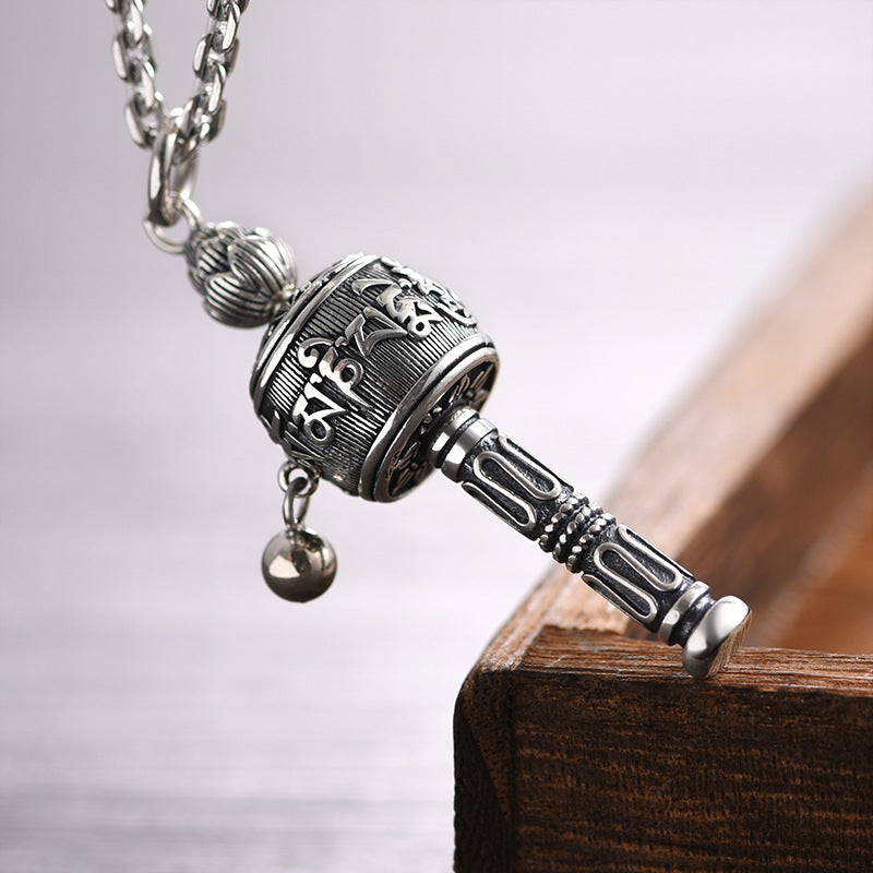 Tibetan Prayer Wheel Pendant Necklace | Silver-Tone & Wooden Beads