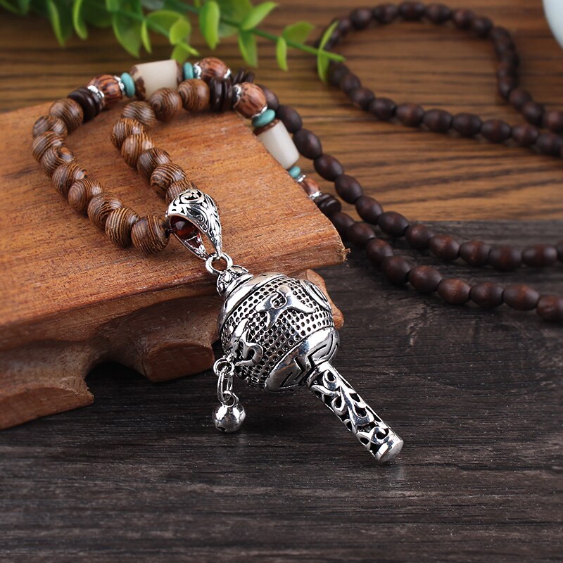 Tibetan Prayer Wheel Pendant Necklace | Silver-Tone & Wooden Beads