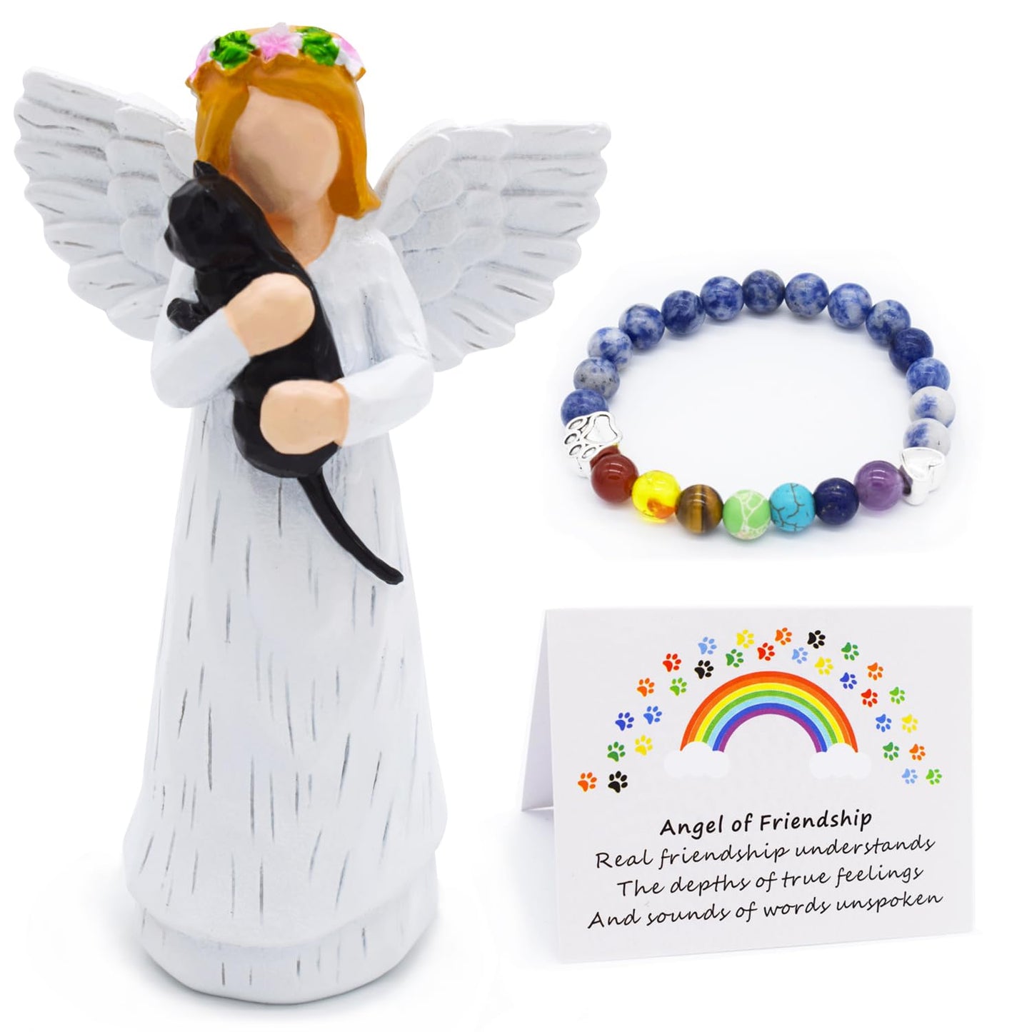 Cat Memorial Gift Set | Angel Figurine & 7 Chakra Rainbow Bridge Bracelet | Loss of Cat Sympathy Gift
