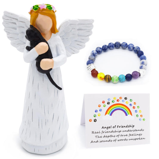 Cat Memorial Gift Set | Angel Figurine & 7 Chakra Rainbow Bridge Bracelet | Loss of Cat Sympathy Gift