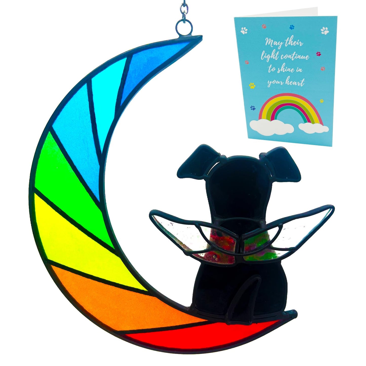 Angel Dog Memorial Suncatcher — Rainbow Bridge Stained Glass Window Hanging