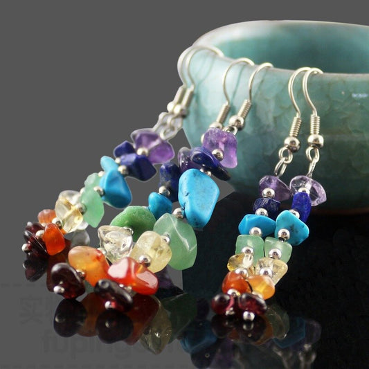 Seven Chakra Natural Stone Long Dangle Earrings | Chakra Color Flow Pendant