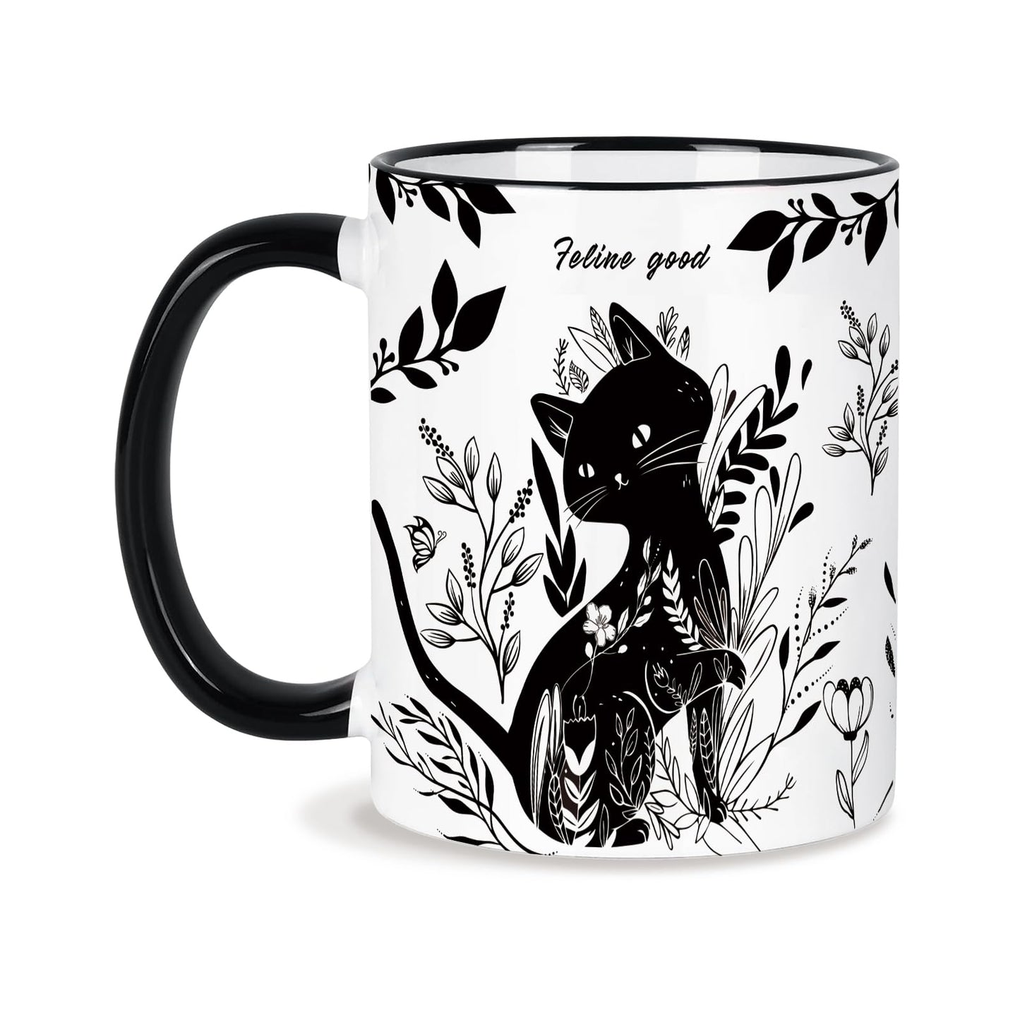 Black Cat Boho Mug | 11oz Black & White Cat Lover Gift for Women