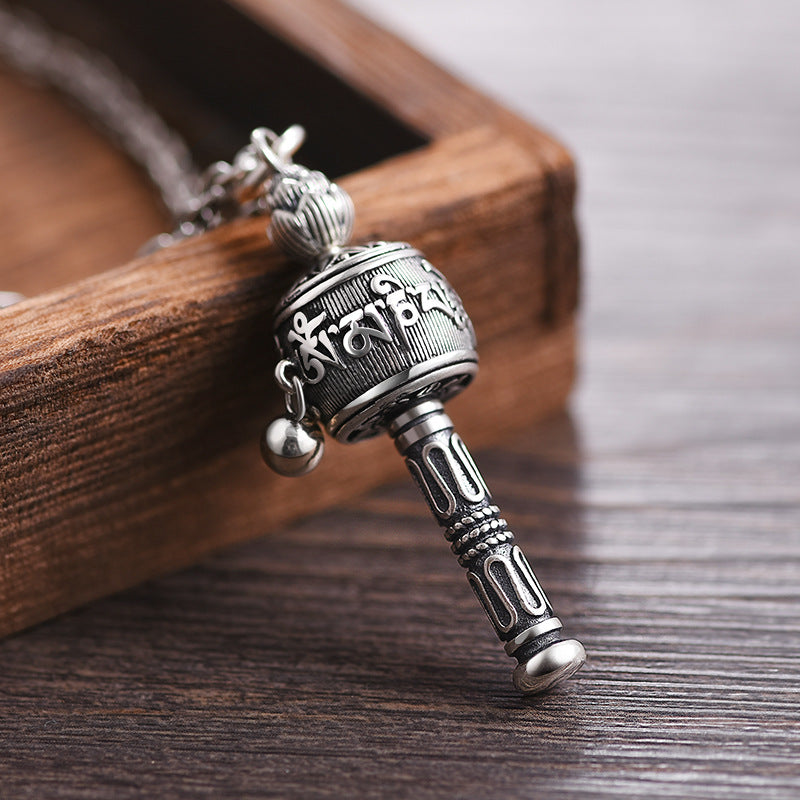 Tibetan Prayer Wheel Pendant Necklace | Silver-Tone & Wooden Beads