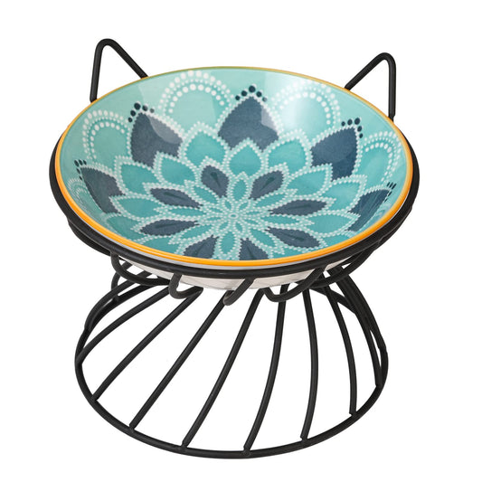 Raised Ceramic Cat Bowl with Mandala Stand