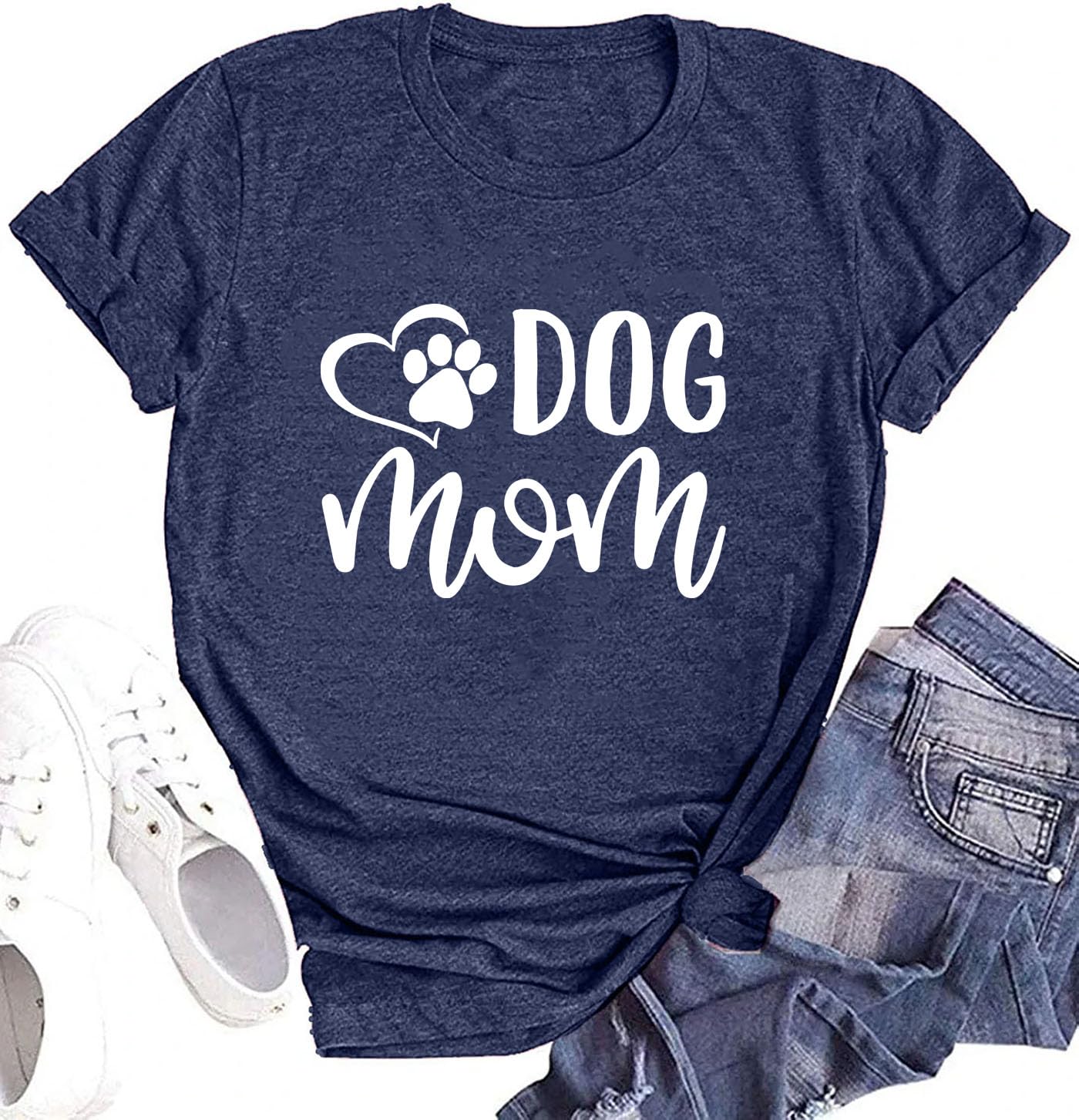 Dog Mom Paw Print T-Shirt | Casual Graphic Tee for Women | Dark Blue