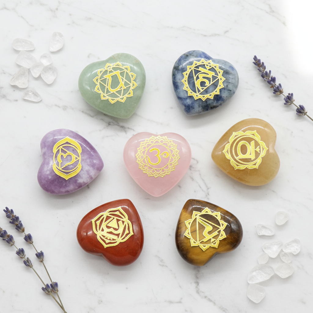 7 heart chakra crystal quartz stones arranged in rainbow arc lifestyle shot